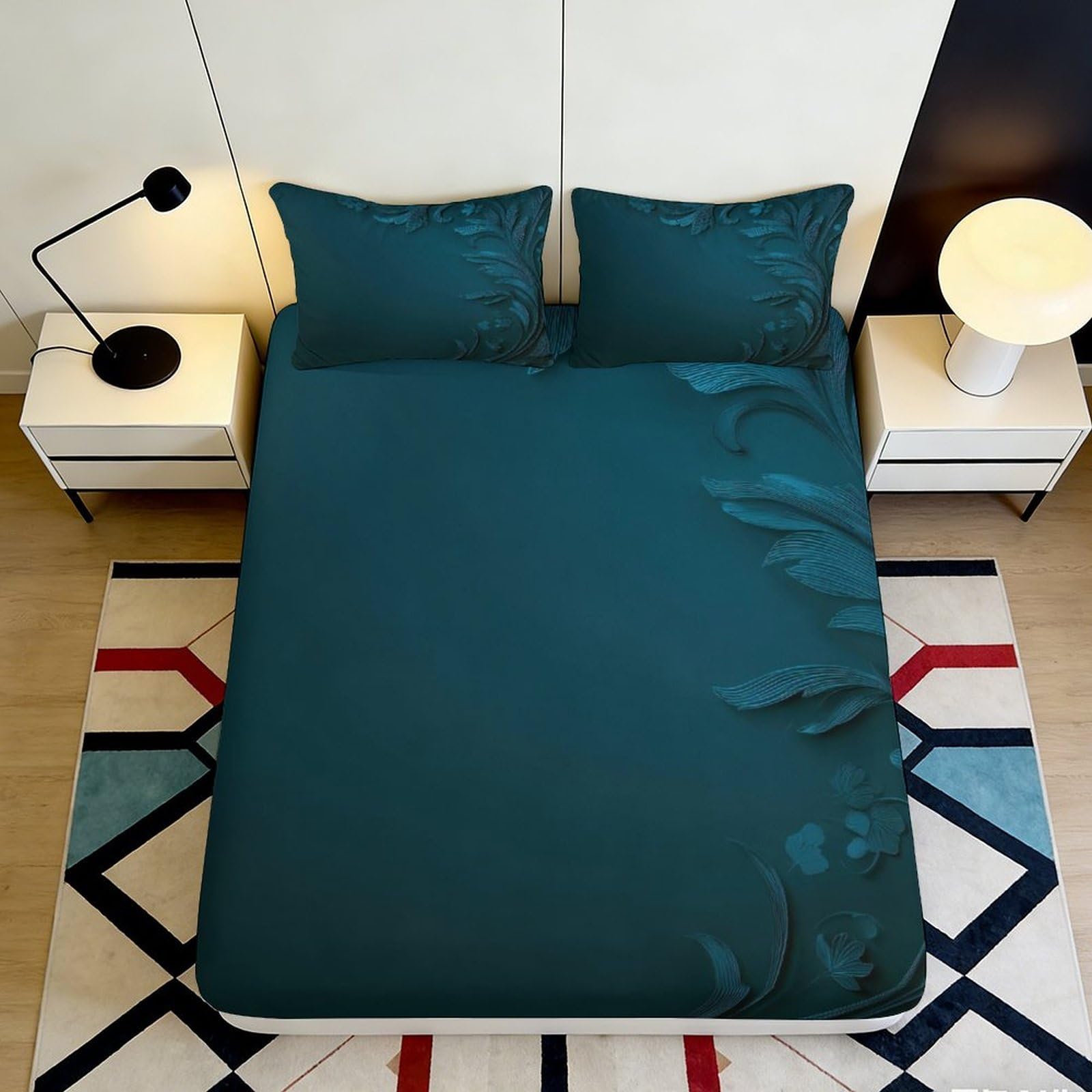 3D Printed Teal Geometric Fitted Sheet Microfiber Soft Abstract Pattern Mattress Cover for Bedroom Dorm Apartment Decor 90x200x25cm