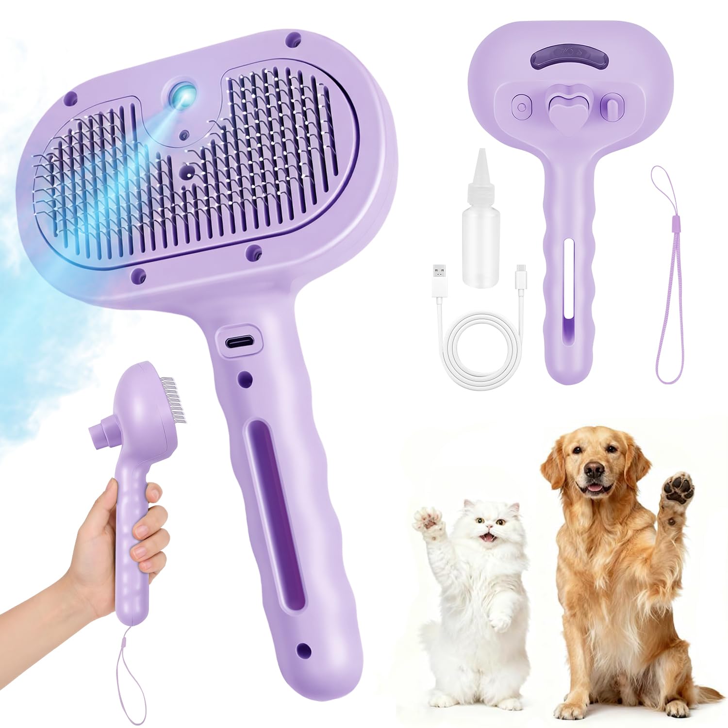 Hunde-Dampfbürste, 5-in-1, Katzenbürste mit Dampf und Entriegelungsknopf, Fellpflege-Werkzeug für Haustiere, Hunde, Haarentfernung, Haarausfall, für kleine Tiere, lang, kurzhaarig, Violett