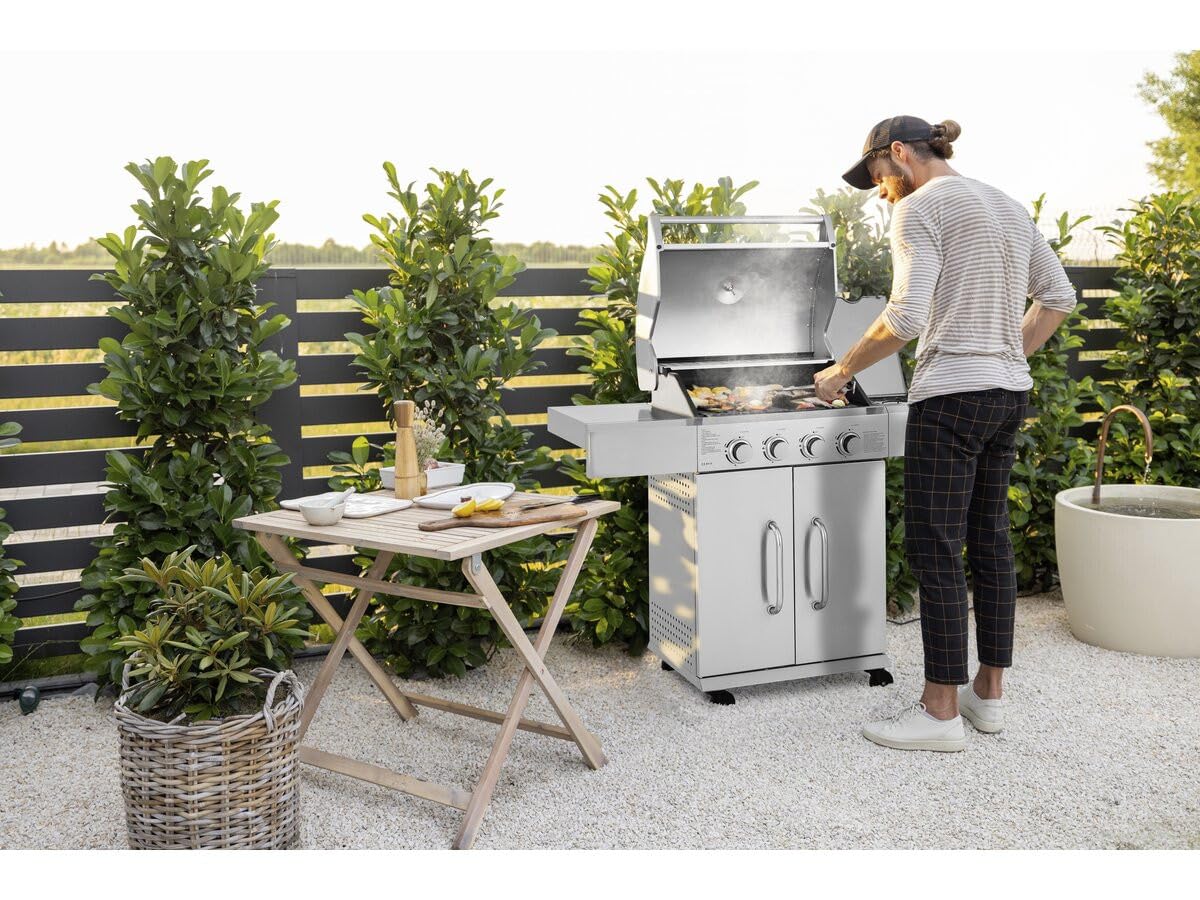 Barbacoa de gas de acero inoxidable con 5 quemadores incluyendo 1 quemador lateral Brazzo - 118 x 57 x 104 cm - Gris claro