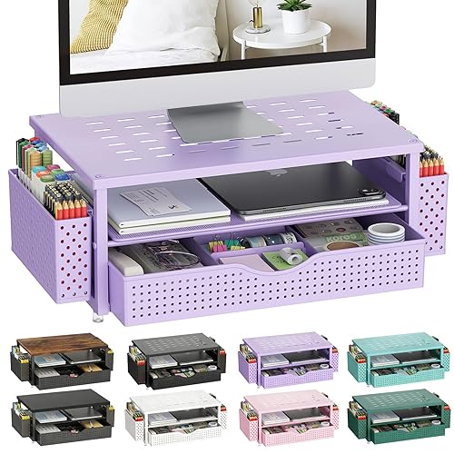 gianotter Desk Organizers and Accessories, Monitor Stand with Drawer and 2 Pen Holder, Purple Desk Accessories, Computer Stand Suitable for Offices and Dormitories (Purple) - Purple