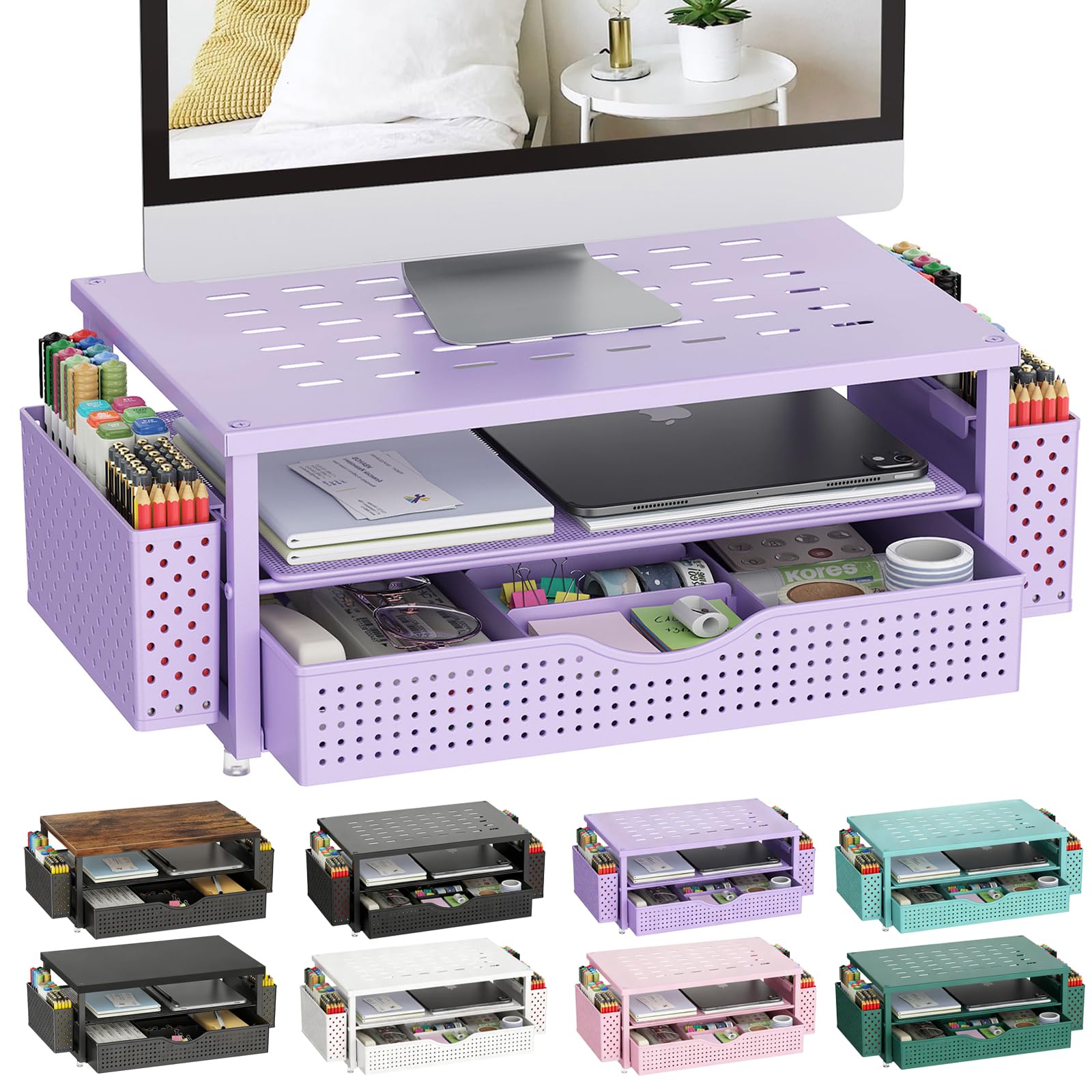 Gianotter Support de Moniteur avec Tiroir et Porte-stylos, Organisateur de Bureau Violet