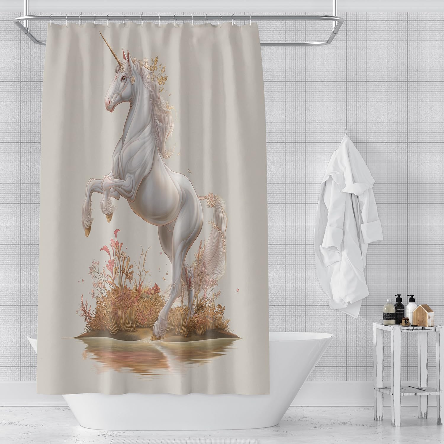 Cortina de Ducha con Diseño de Animales,Diseño de Unicornio Blanco con Estampado Floral,con Ganchos de Plástico,Tela de Poliéster Impermeable para Baño,240Anx200Alcm (1 Panel).