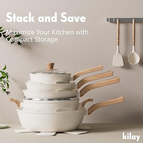 Miniatura 7 de KILAY Juego de utensilios de cocina antiadherentes, ollas y sartenes de granito blanco, juego de cocina antiadherente con sartenes, cacerolas y