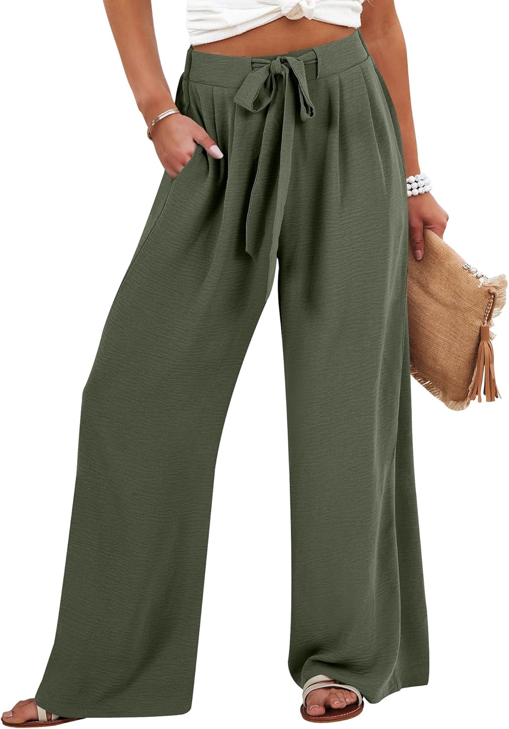 Caracilia Wide Leg Palazzo Pants for Women Summer High Waist Flowy Loose Casual Lounge Trousers Beach Travel Vacation Clothes