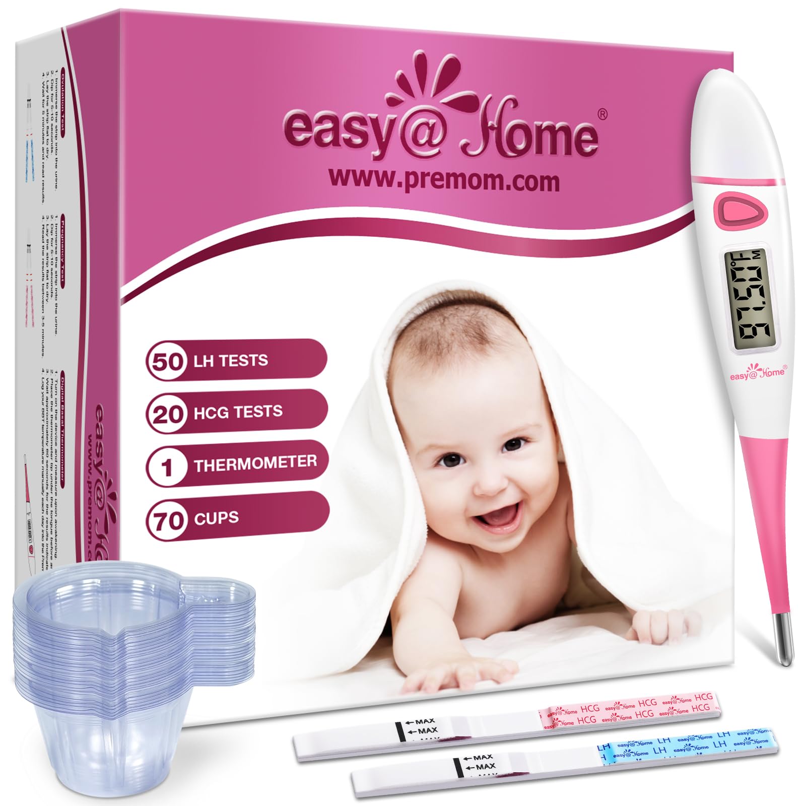 Easy@Home Ovulation Test Kit: 50 Ovulation Strips & 20 Early Pregnancy Tests & One Basal Body Thermometer & 70 Urine Cups