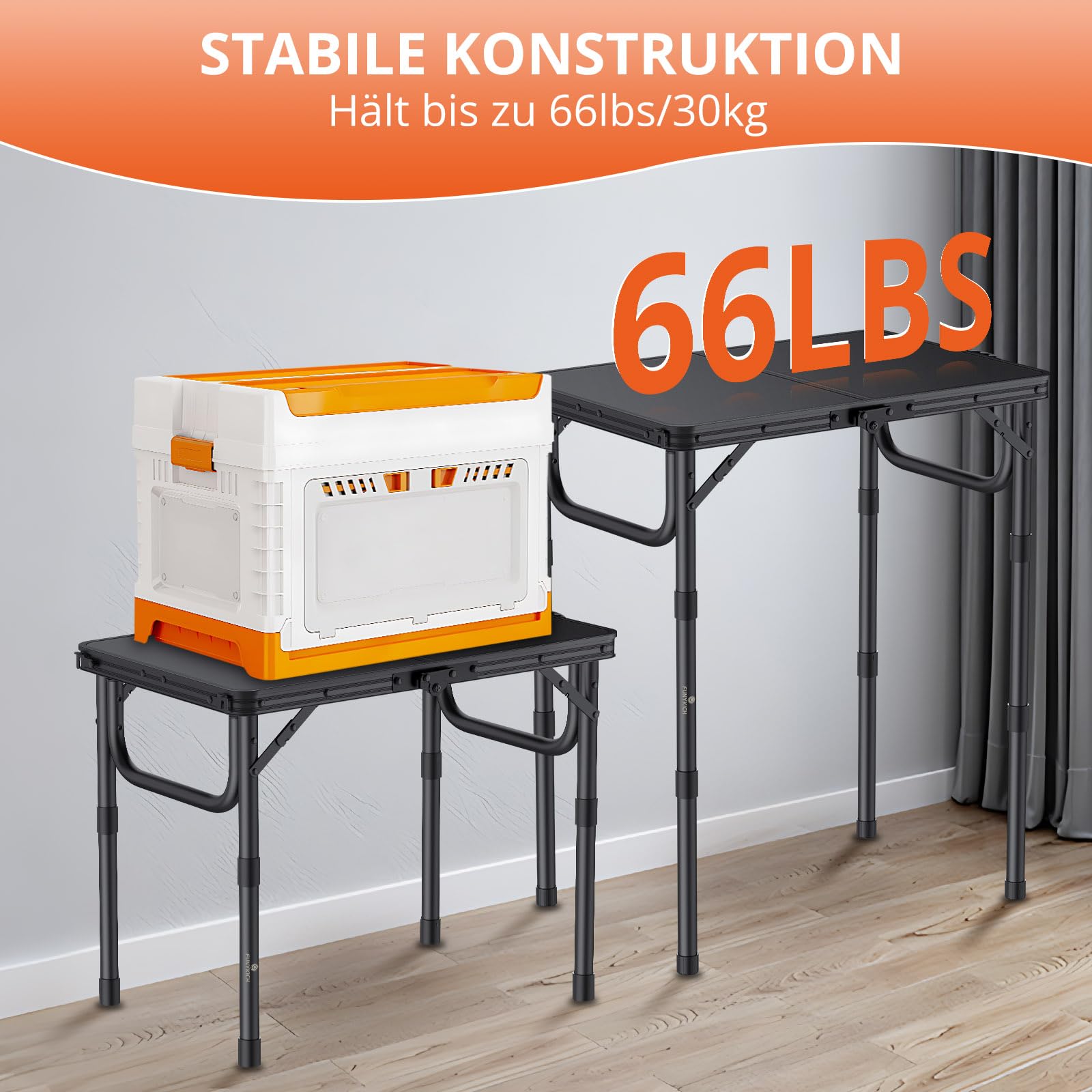 FUNYKICH Campingtisch Klapptisch 58x40cm, Faltbarer Grilltisch mit 3 Höhen Verstellbarer(26/48/70cm), Aluminium Tragbar Falttisch, MDF Platten Multifunktionstisch für Picknick Camping Balkon - Schwarz