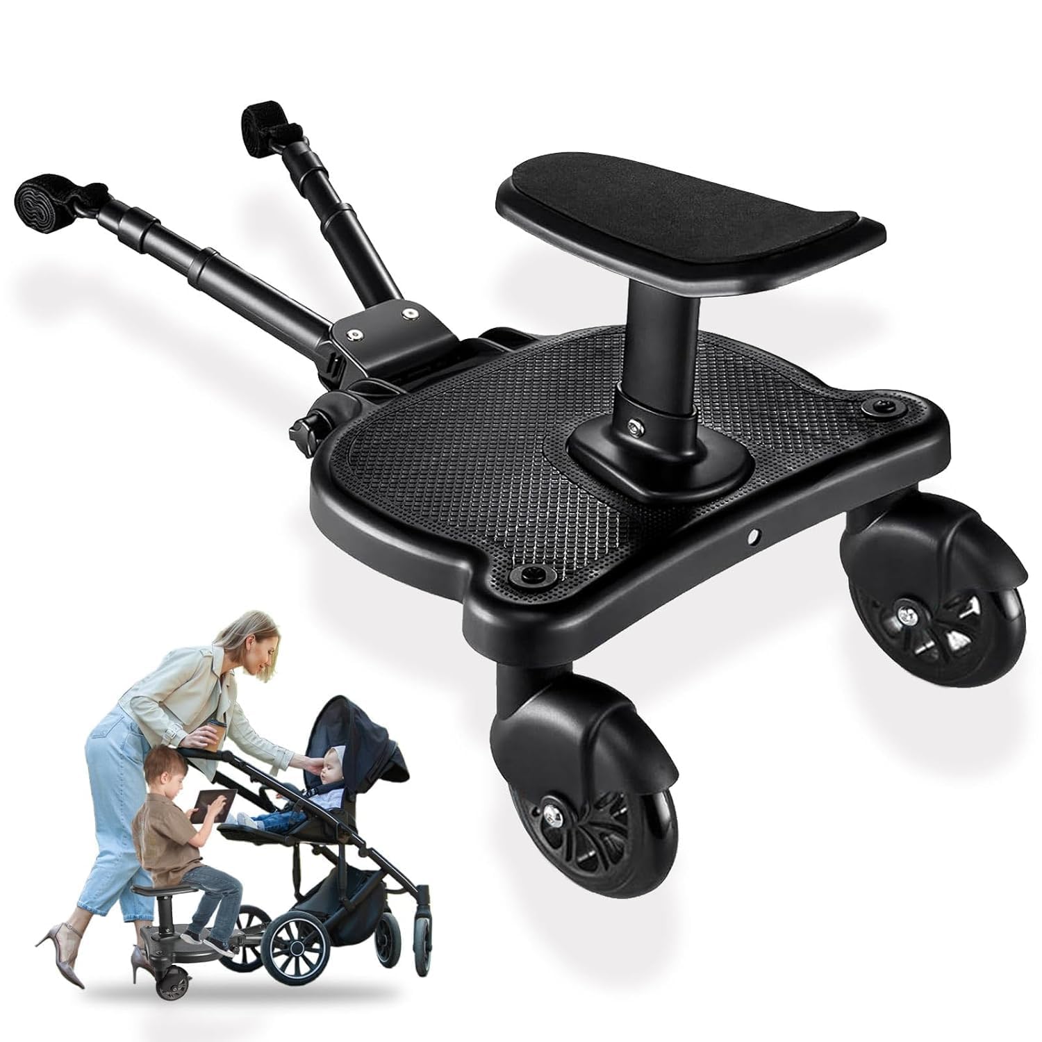 Universal Stroller Board with Detachable Seat - 2 in 1 Sit and Stand Stroller Standing Board for Most Brands of Strollers Holds Children up to 55 (Black)