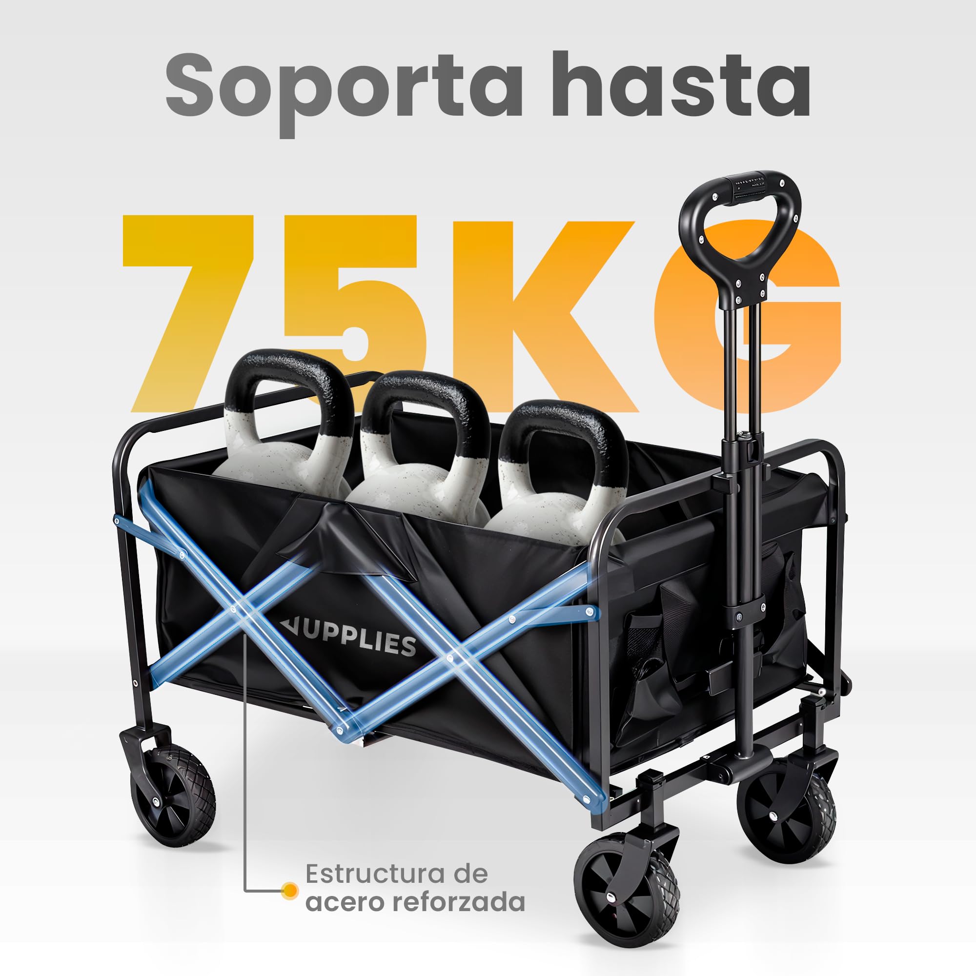 JUPPLIES Carro Plegable con Ruedas Grandes – Carro Playa, Jardín y Supermercado | Carrito Transporte Plegable Todoterreno, Asa Telescópica, Tela Resistente e Impermeable 75KG - S (72.5x42x47.5cm)