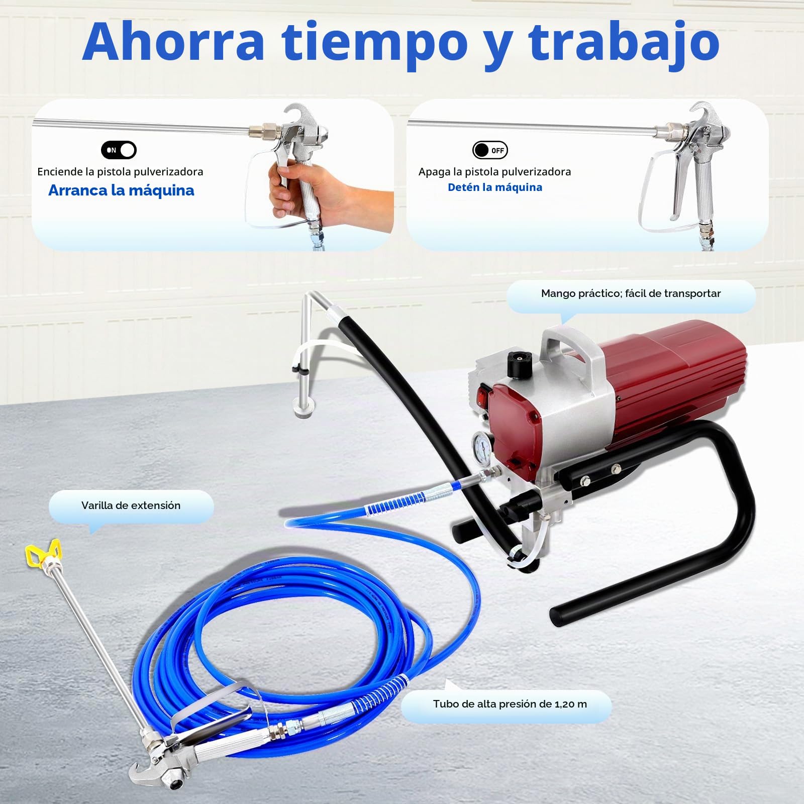 Pulverizador de pintura sin aire de 1800 W, 220 V, para todos los líquidos no granulares y fluidos, con boquilla, tubo pulverizador y barra de extensión