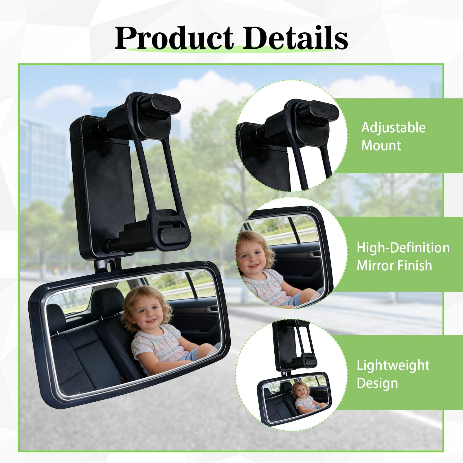 Espejo Retrovisor para Bebé Coche, Gran Angular Ajustable 360°, Cristal Irrompible Antirreflejos, Instalación Rápida con Clip Universal, Compatible con SUV, Coches y Camiones, Visibilidad Total