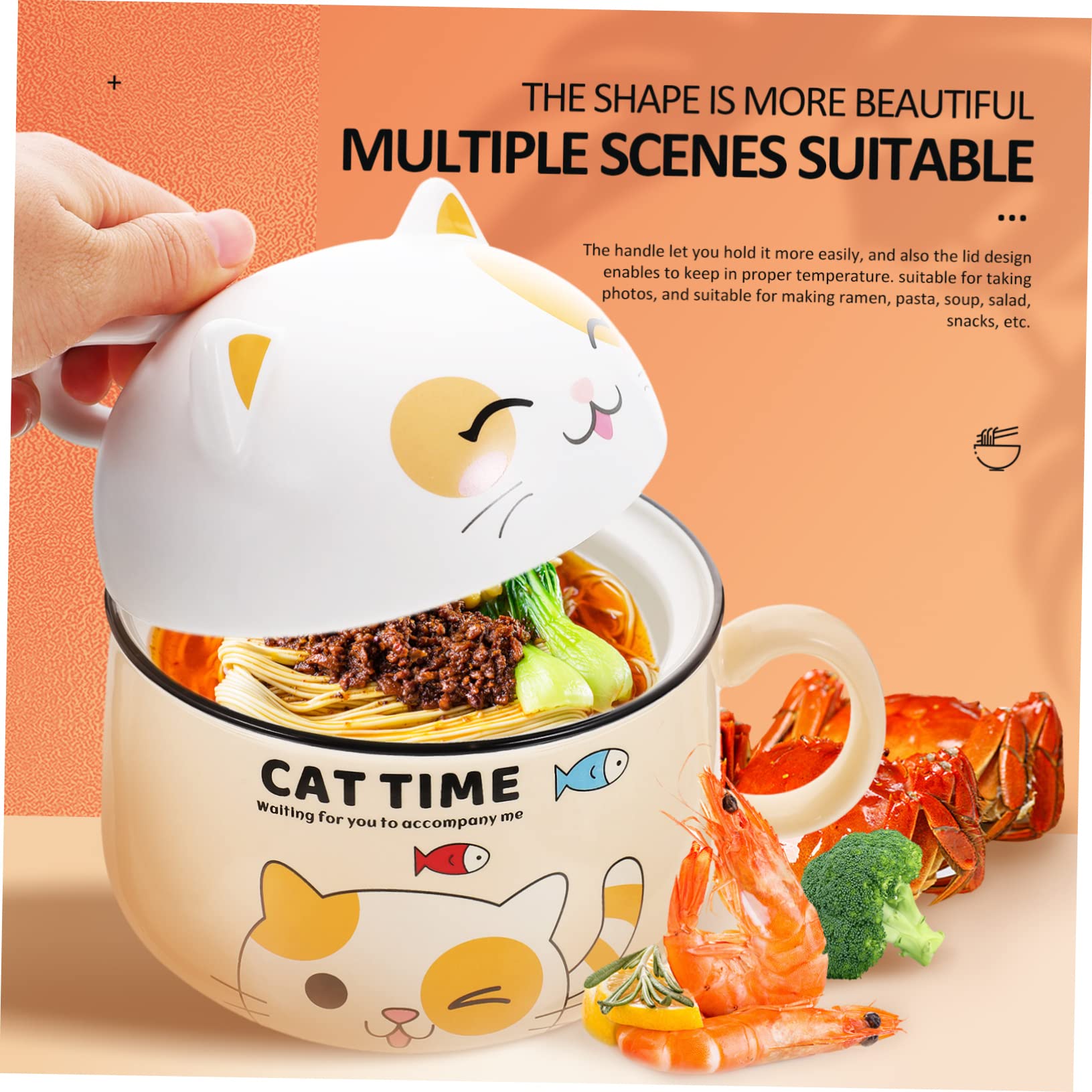Amosfun Ciotola in Materiale Ceramico Gialla a Forma di Gatto Capacità 1020ml Multiuso senza Sbavature per Zuppa e Riso in Casa o Hotel