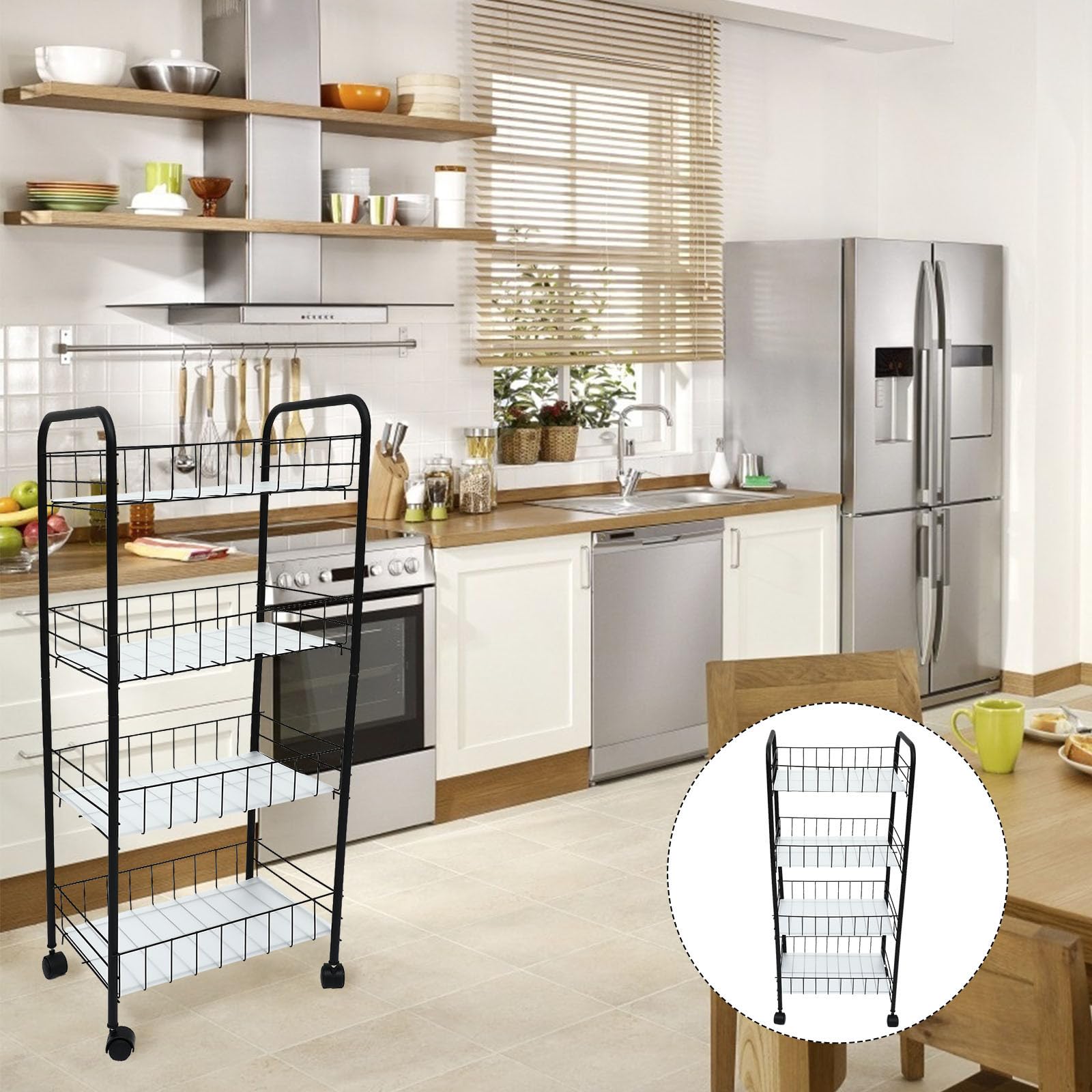 Operitacx Estante Móvil de Almacenamiento Negro para Baño y Balcón 4 Capas, Diseño Multiusos de Acero al Carbono Ruedas y Freno, Gran Capacidad