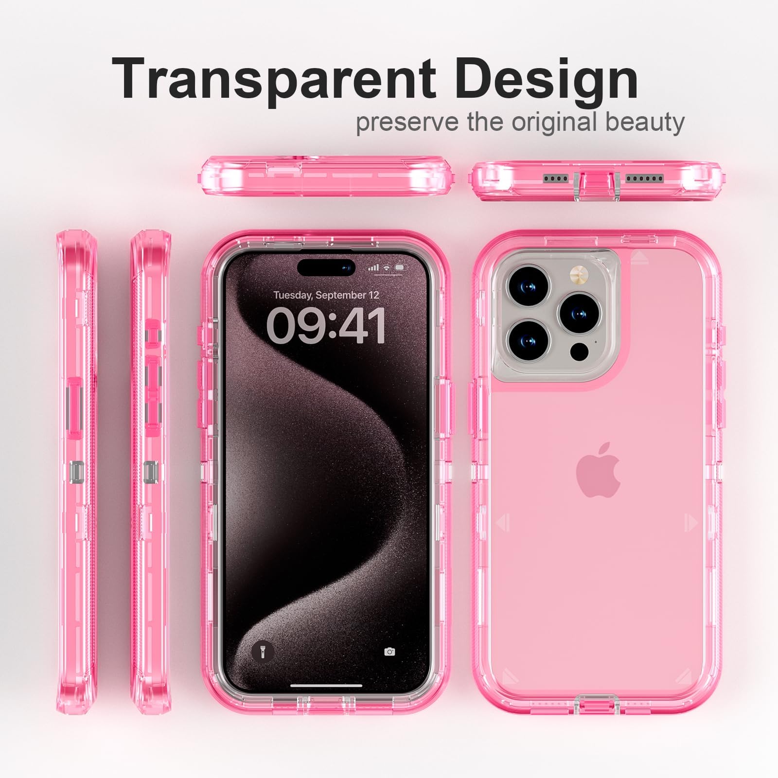 oma Funda para iPhone 15 Pro Max, anticaídas, resistente a los golpes, funda protectora transparente de múltiples capas compatible con iPhone 15 ProMax, 6.7 pulgadas, rosa cristal