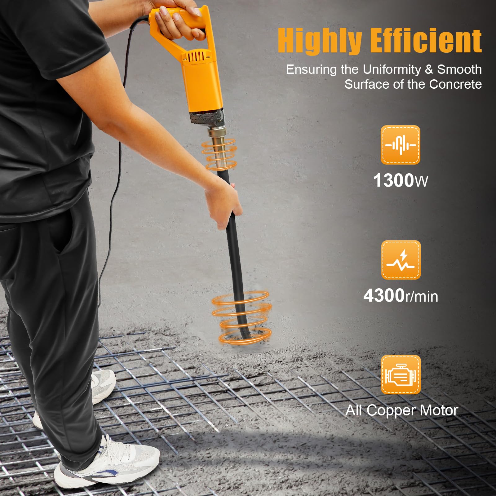 vibratore elettrico per calcestruzzo, 1300 W, 4300 giri/min, vibratore per bottiglie con asta vibrante da 2 m, compressore per calcestruzzo efficiente per fondazioni in calcestruzzo e lavori di