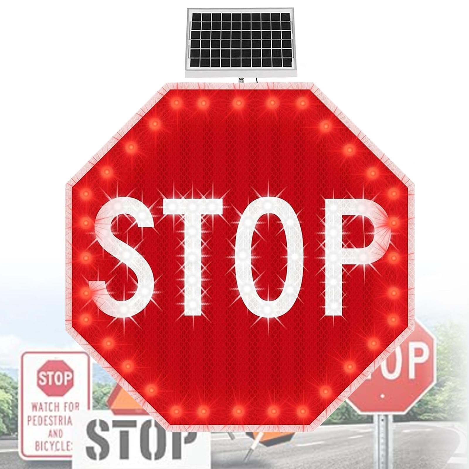 PtaTritious Stop Sign 24''/30'', Solar Powered LED Flashing Stop Sign, Aluminum Octagon Road Signs Traffic LED Blinking Street Red 30''