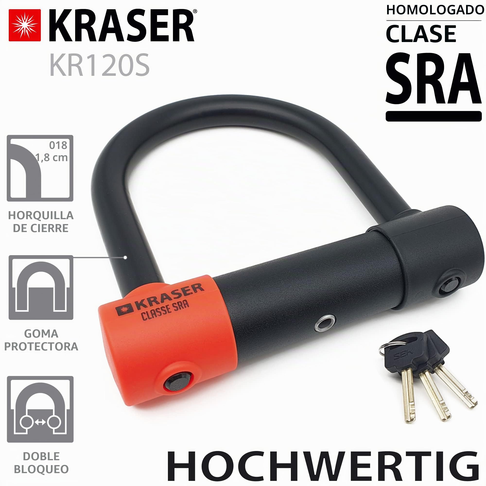 KRASER KR120S Robusto Candado Moto U Bloqueo Cepo Rueda, Homologado SRA, Alta Seguridad Testada, Arco 120x125mm ø18mm Doble Cierre, Cerradura Antiganzua, Antirrobo U Lock para Scooter, Bici Eléctrica