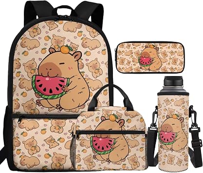 Capybara Backpack for School Girls Elementary Backpacks with Lunch Box 4 in 1 Back to School Set Cute Bookbags Large Capacity for Student Kids 1st, 2nd, 3rd