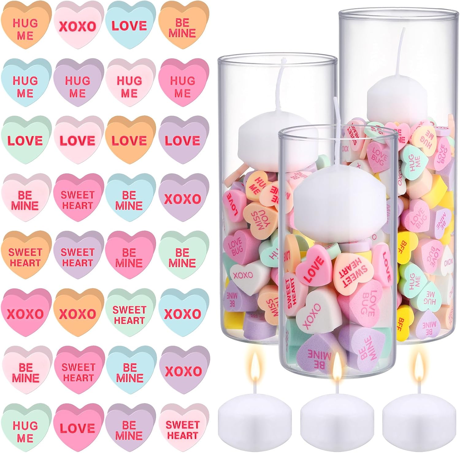 266 Pcs Valentines Table Centerpieces Set 3 Glass Candle Holders 260 Conversation Heart 3 Floating Candles, Valentine's Day Tea Lights Votive Candle Holder Heart Filler for Party Home Decor