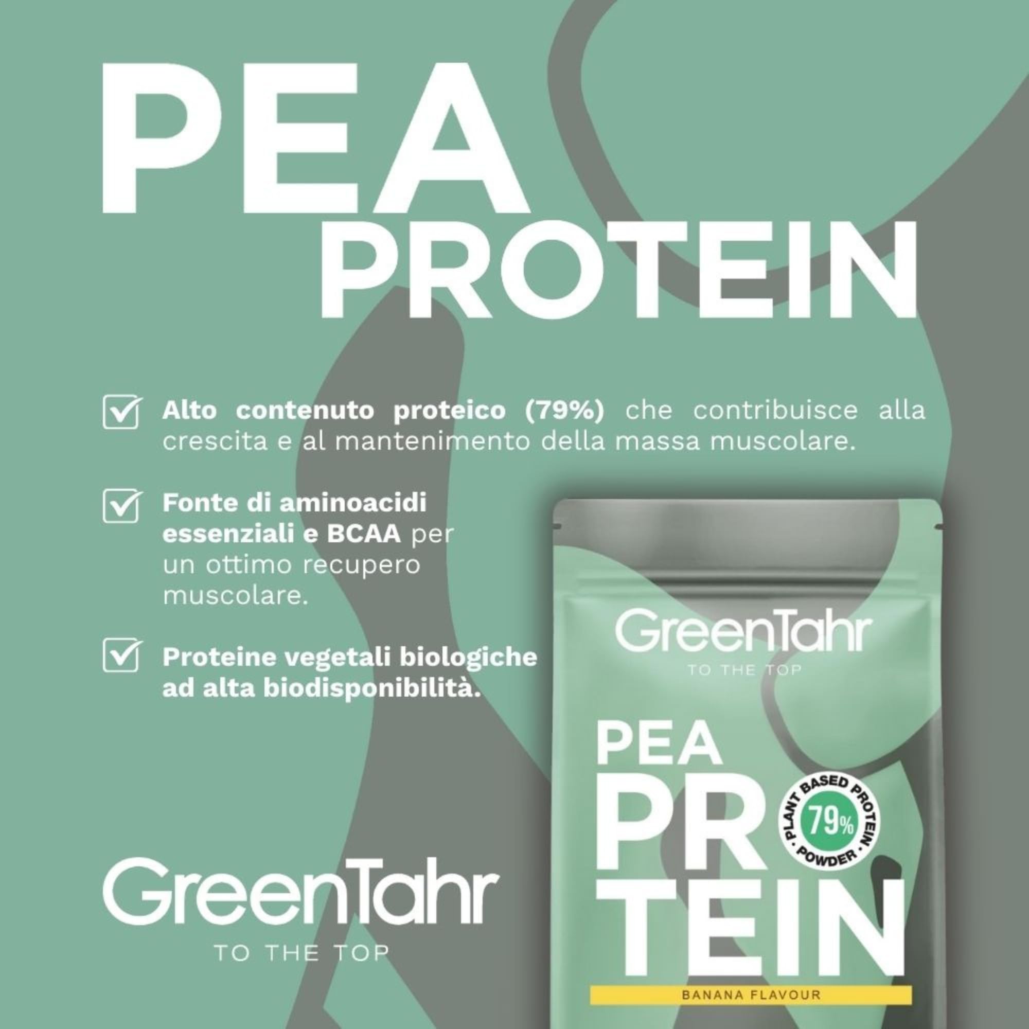 Green Tahr Proteine di Pisello in Polvere Vegane Bio Gusto Banana 750g. 79% Proteine Vegetali per Massa Muscolare Senza Zucchero, Edulcoranti, Lattosio né Glutine