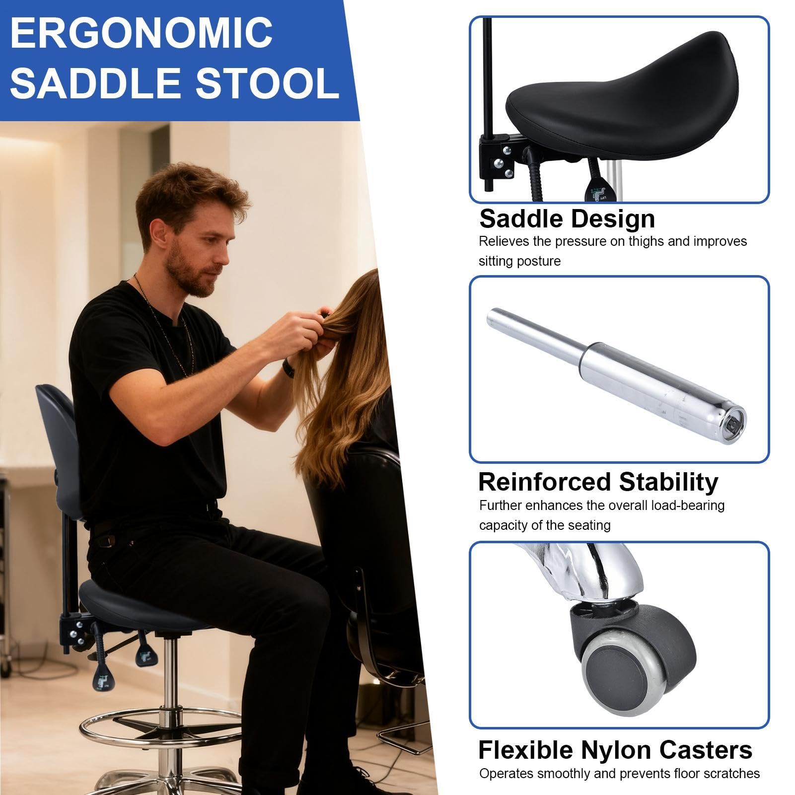 Taburete de Sillín con Respaldo Ajustable, Giratorio, Hidráulico, de | Silla Ergonómica Tipo Sillín Con Reposapiés Para Spas, Salones De Belleza, Masajes, Clínicas Y Oficina En