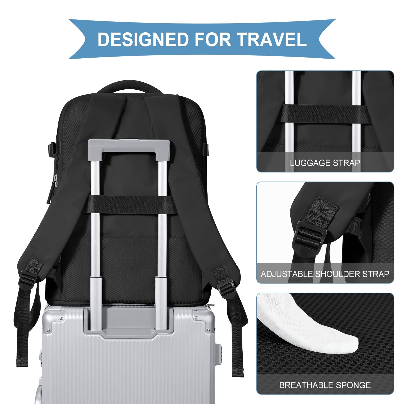 coowoz Travel Backpack For Women Men,Carry On Backpack,Hiking Backpack Waterproof Outdoor Sports Rucksack Casual Daypack Travel Essentials(Black) 25L