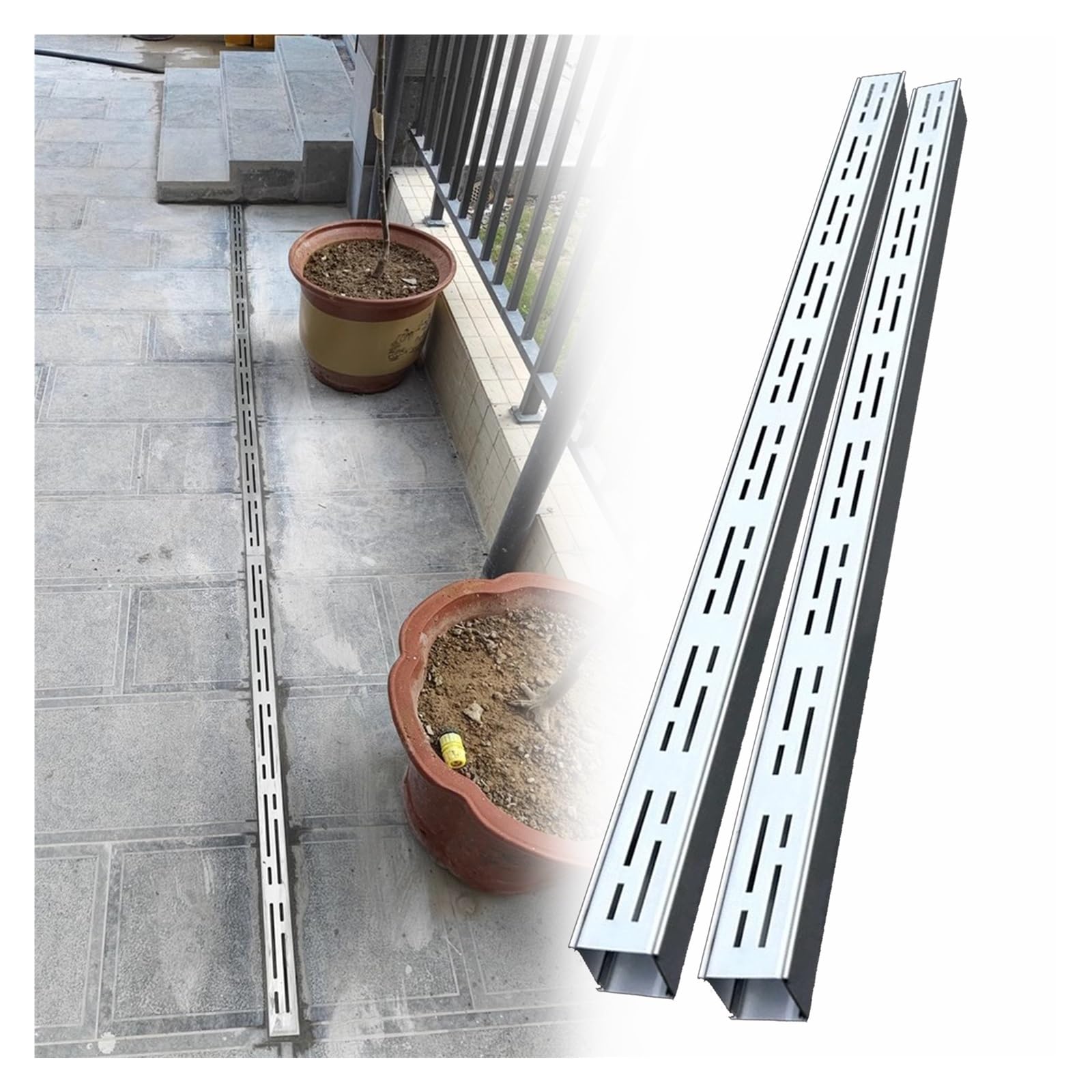 Zestaw drenażowy do cienkiego kanału 2" x 6,5 stóp - niskoprofilowy system drenażowy na balkon, patio, basen, taras - wysuwana rynna ogrodowa z osłoną (srebrny,