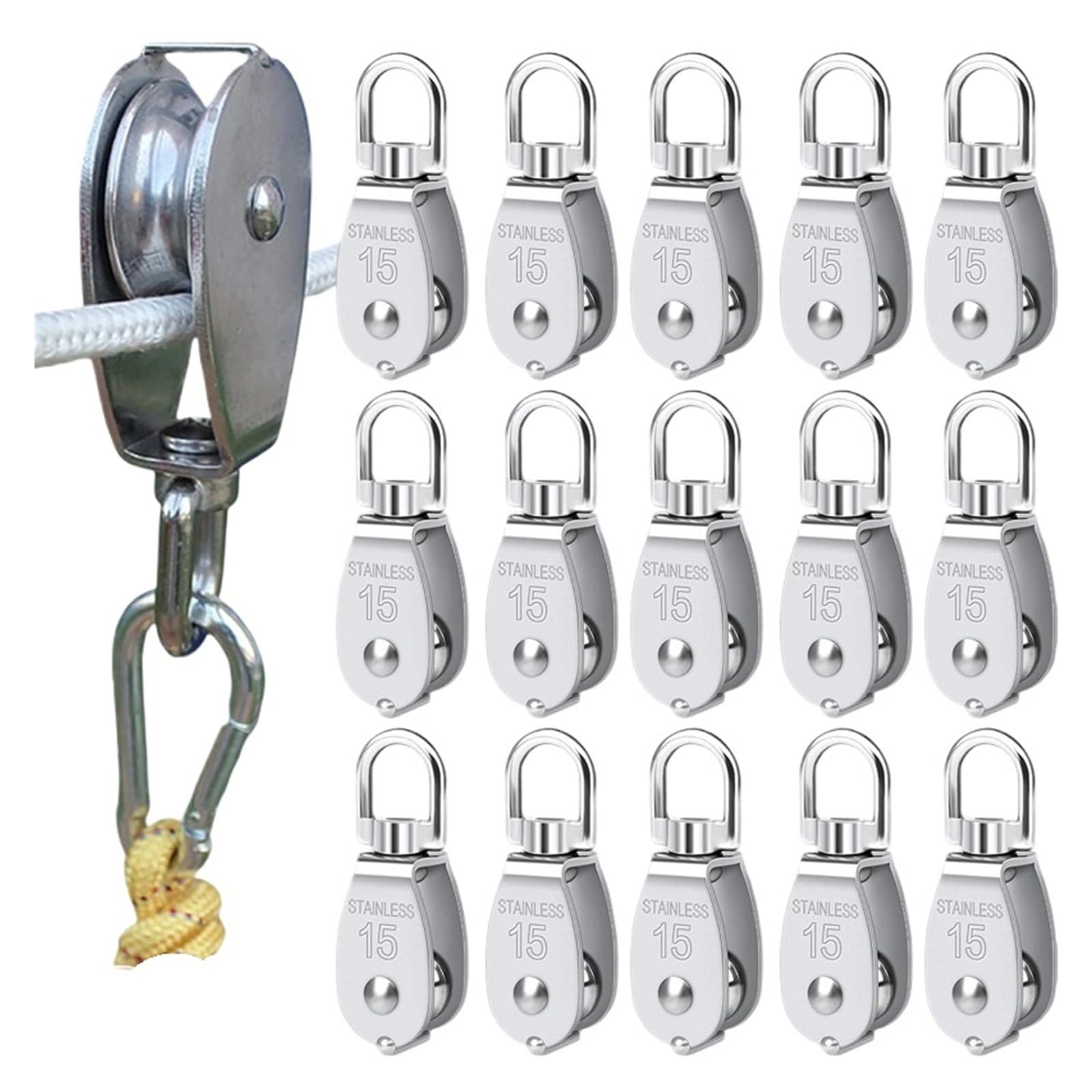Pulegge In Acciaio Inossidabile Puleggia for gru a fune in acciaio inossidabile M15 Gru di sollevamento Gancio girevole Singolo puleggia for ruota traino sospesa(20PCS)