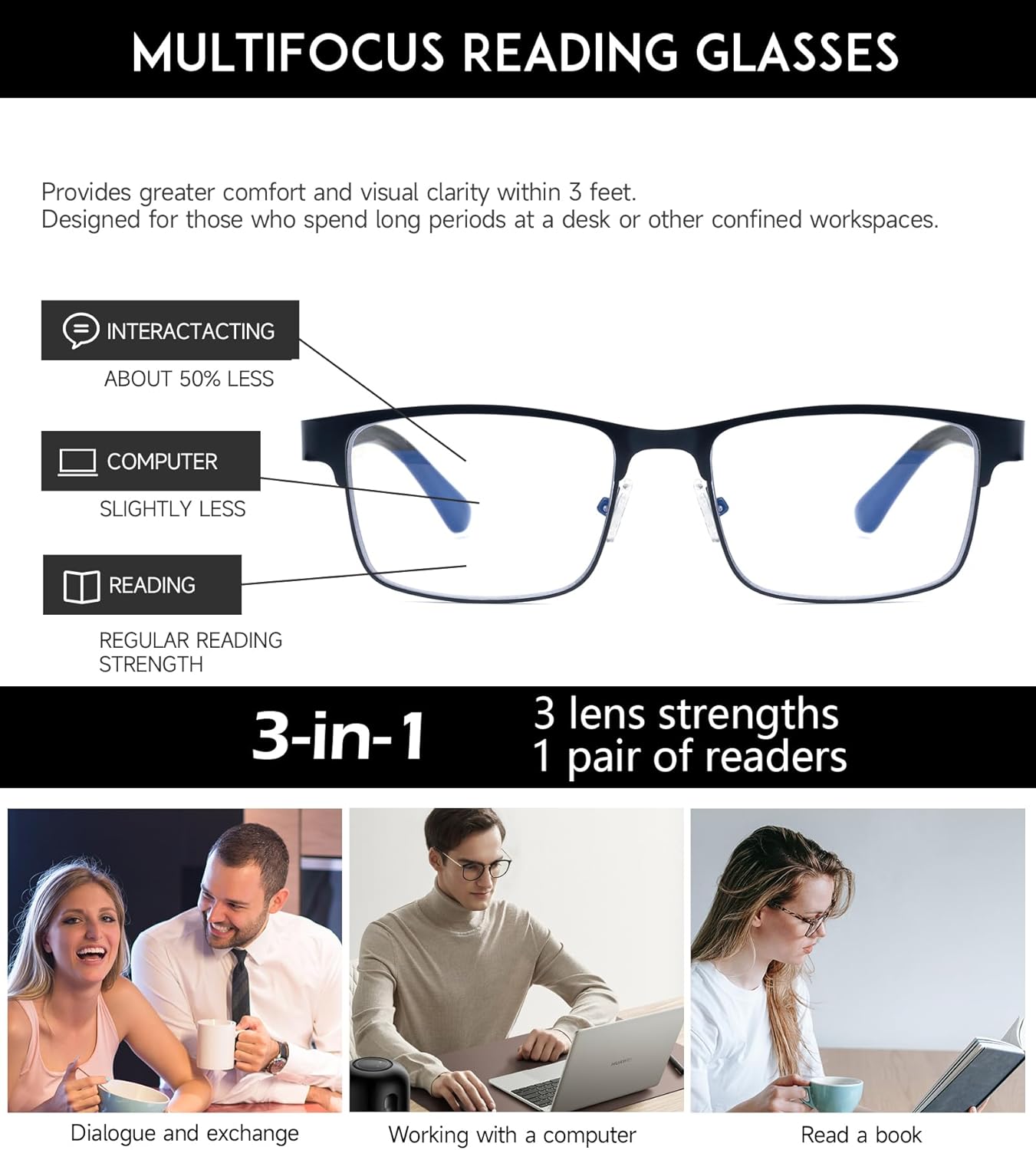 SKYOAK 2 Pack Refined Progressive Multifocus Reading Glasses Men Blue Light Blocking Readers Metal Frame Spring Hinge, Top is not 0 (Black+Gunmetal, 2.75) - Image 4