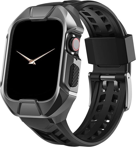 Fcyao Bands Compatible with Apple Watch Band Series 7/6/SE/5/4 45mm 44mm Men, Rugged Mechanical Stainless Steel Case with TPU Military Protective Strap for iWatch