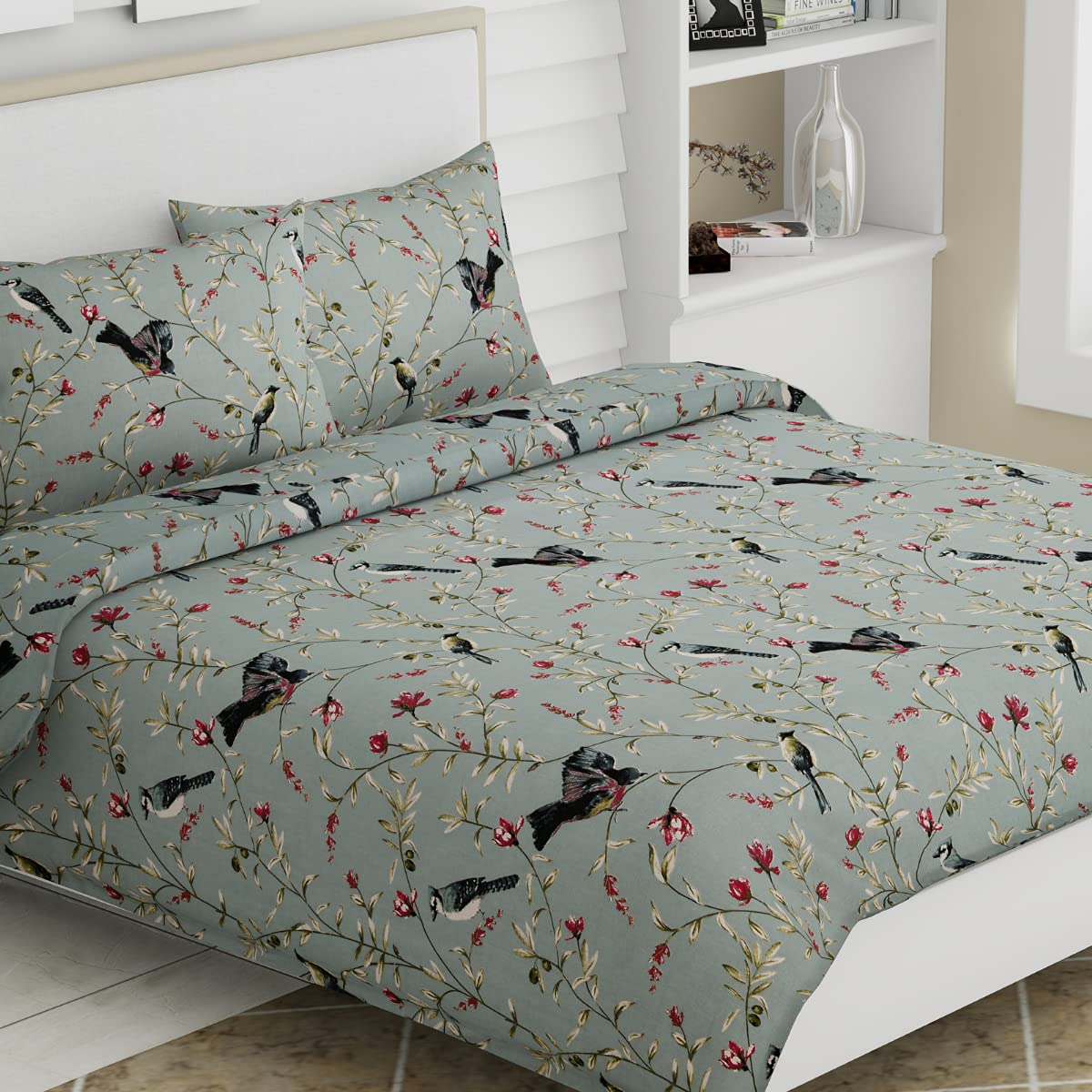 haus & kinder Greek Garden Romance, Cotton Double Bedsheet with 2 Pillow Covers King Size 186 TC (Green, Pack of 1)