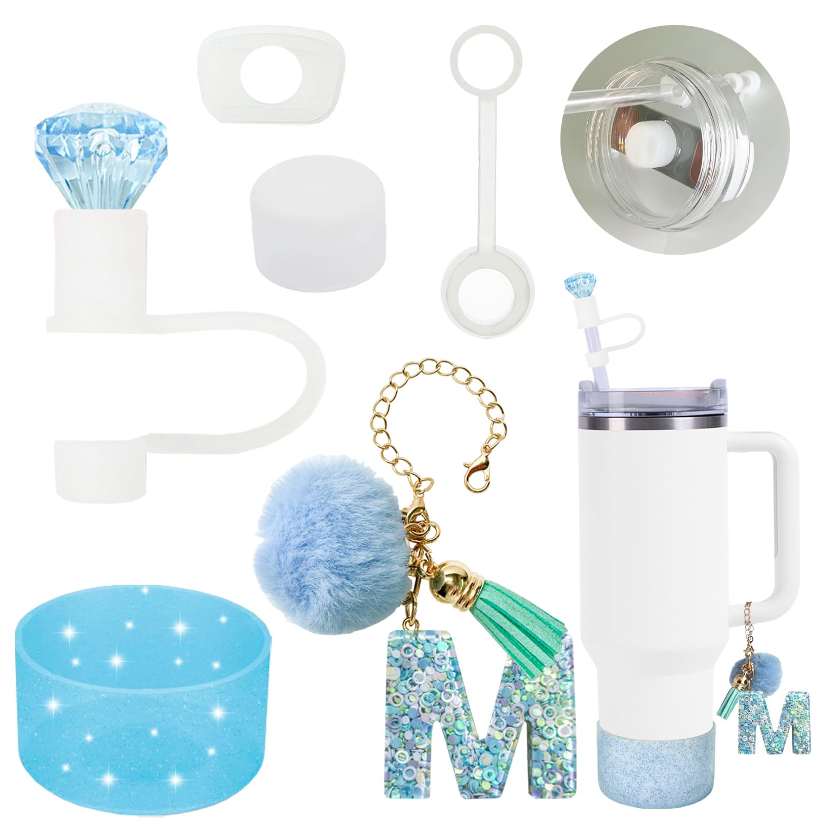 6-Pcs Stanley Cup Accessories Set,10mm Straw Topper, Letter Charms,Diamond Straw Covers,Bling Silicone Boot, Spill-Proof Compatible Stanley Cup