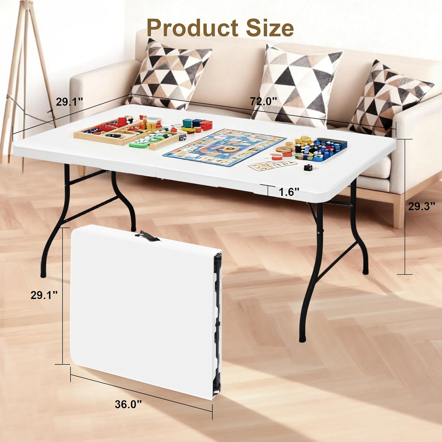 Heavy Duty 6ft Folding Table, Portable Fold-in-Half 6 Foot Foldable Table, Table of Utility Dining Indoor Outdoor with Carrying Handle for Camping Picnic and Party, White