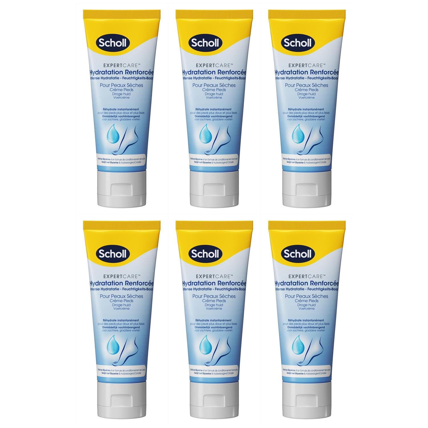 SCHOLL Crema hidratante intensificada para piel seca, 75 ml, paquete de 6
