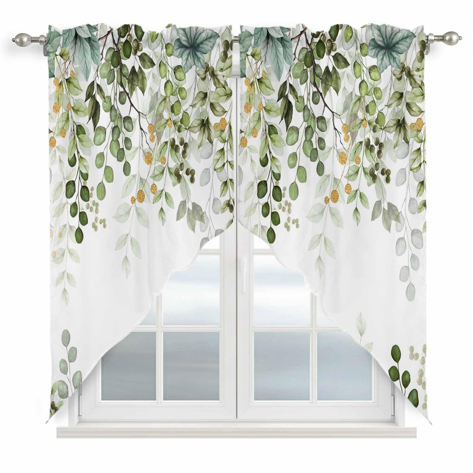 Swag Curtain Valances Sage Green Eucalyptus Leaves Swag Valances for Kitchen Windows Berry Branch Nature Plant Short Topper Curtains Tier Pair for