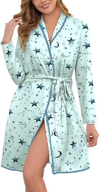 Robes for Women Print Long Sleeve Kimono Bath Robe Lightweight House Coat Bathrobe Loungewear with Pockets