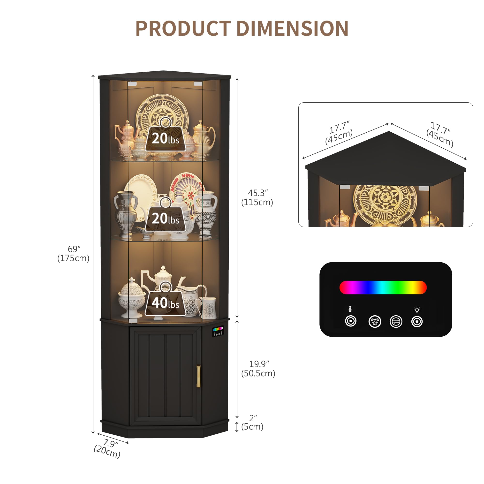 Lvifur Vitrina esquinera con iluminación LED y cajones para Objetos de colección, Vino, Vitrina de Cristal de 3 Niveles con sensores Inteligentes para Sala de Estar, Dormitorio