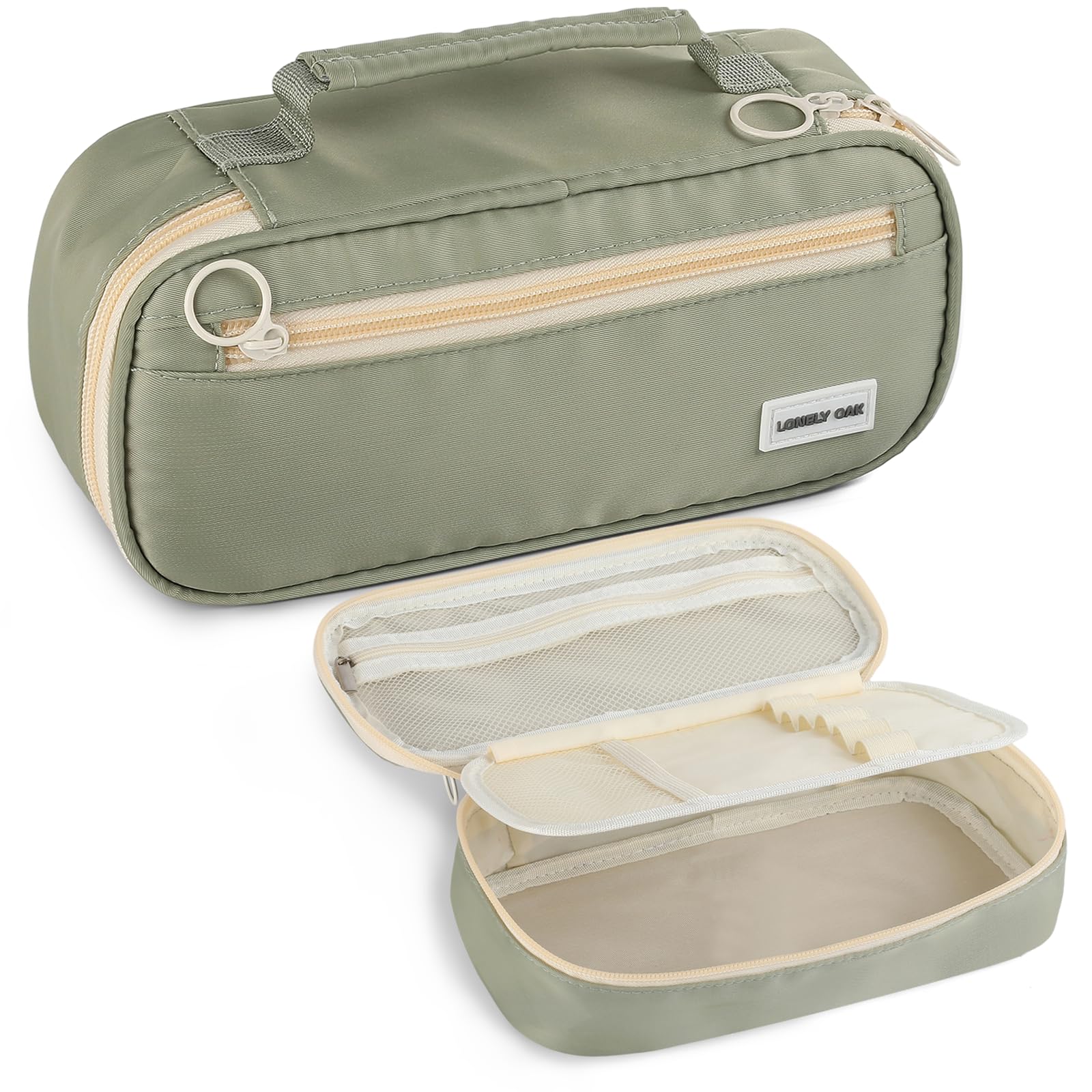 Lonely Oak Large Capacity Green Pencil Case, Aesthetic Cute Pencil Pouch Bag for Girls & Boys, Big Pen Case with Double Smooth Zipper and Extra Compartment