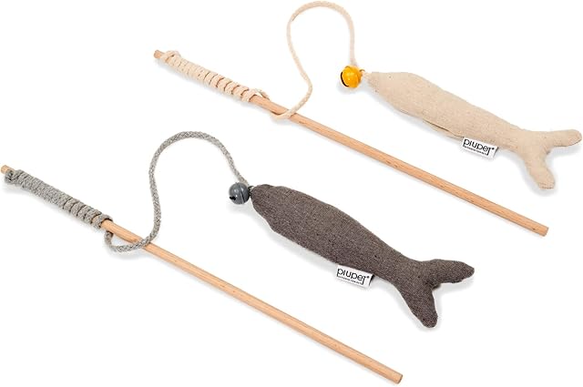 PiuPet® Cat fishing rod set of 2 incl. catnip - with sturdy wooden handle - interactive cat toy with free catnip - stylish cat fishing set