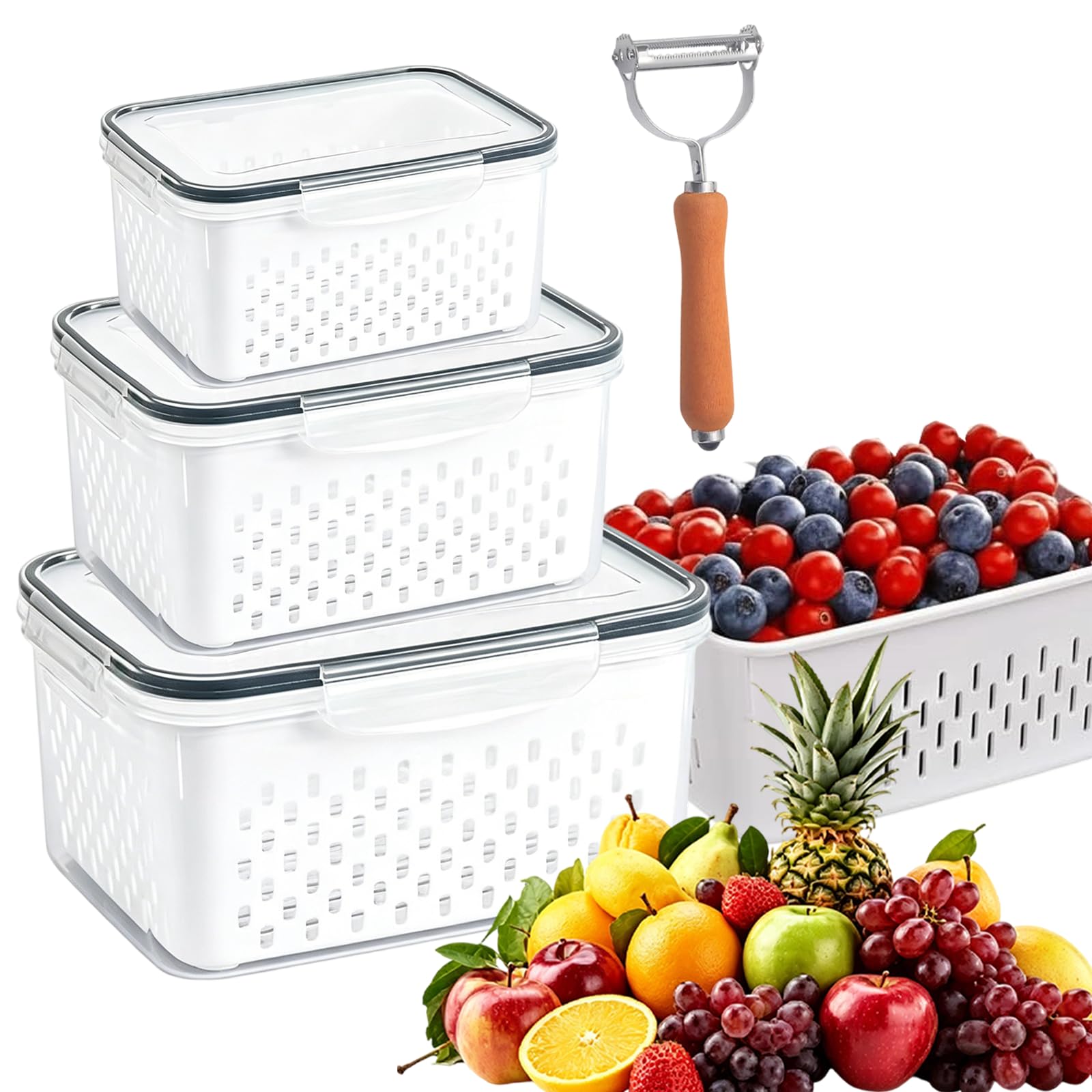 Food Storage Containers for Fridge with Removable Colander, Stackable Fruit Storage Containers for Fridge with Drain Baskets Lids, Refrigerator Organizer- Keeping Food Fresh Longer (3 Pack,Grey)