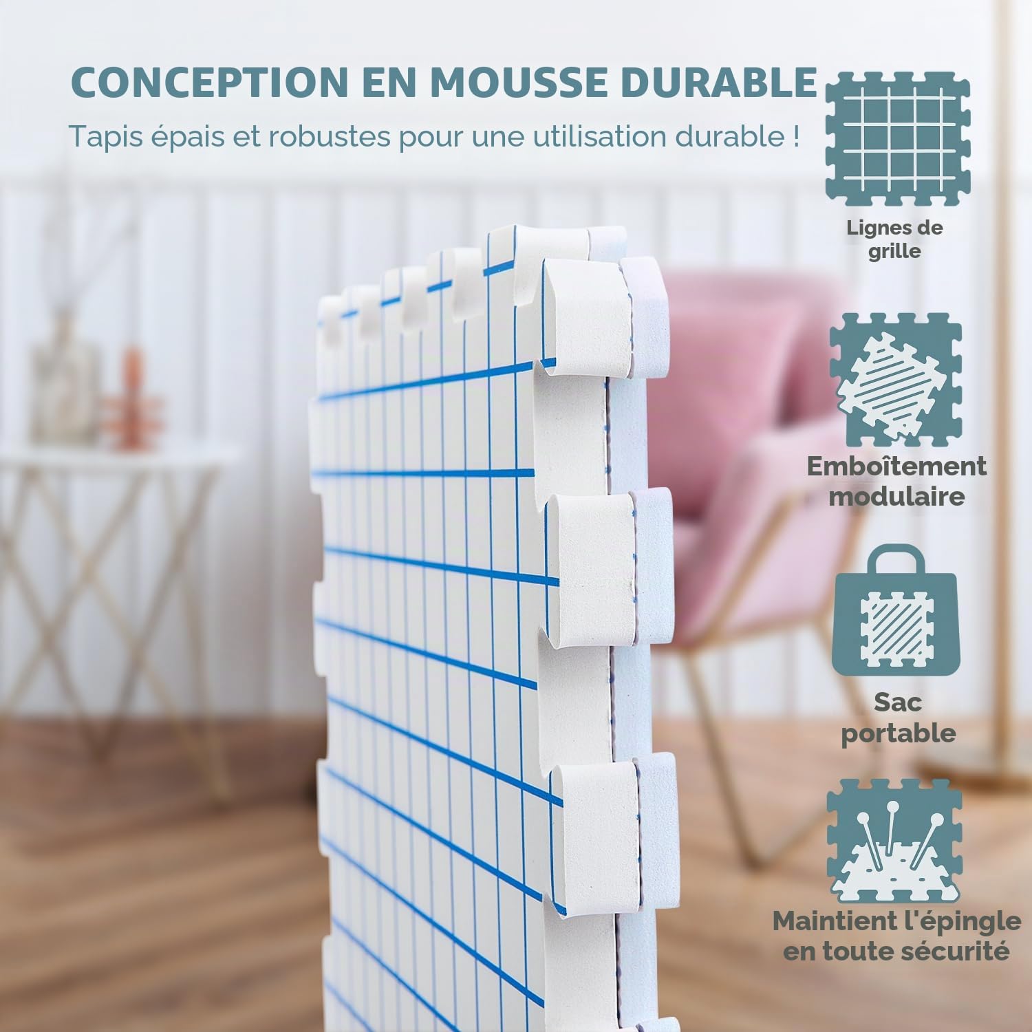 KnitlQ Premium Kit - 9 Tapis de Blocage Tricot de Mousse Extra Épaisse avec Grilles, 150 Épingles en T en Étain Artisanal, Sac Rangement Tricotage – Design Naturel