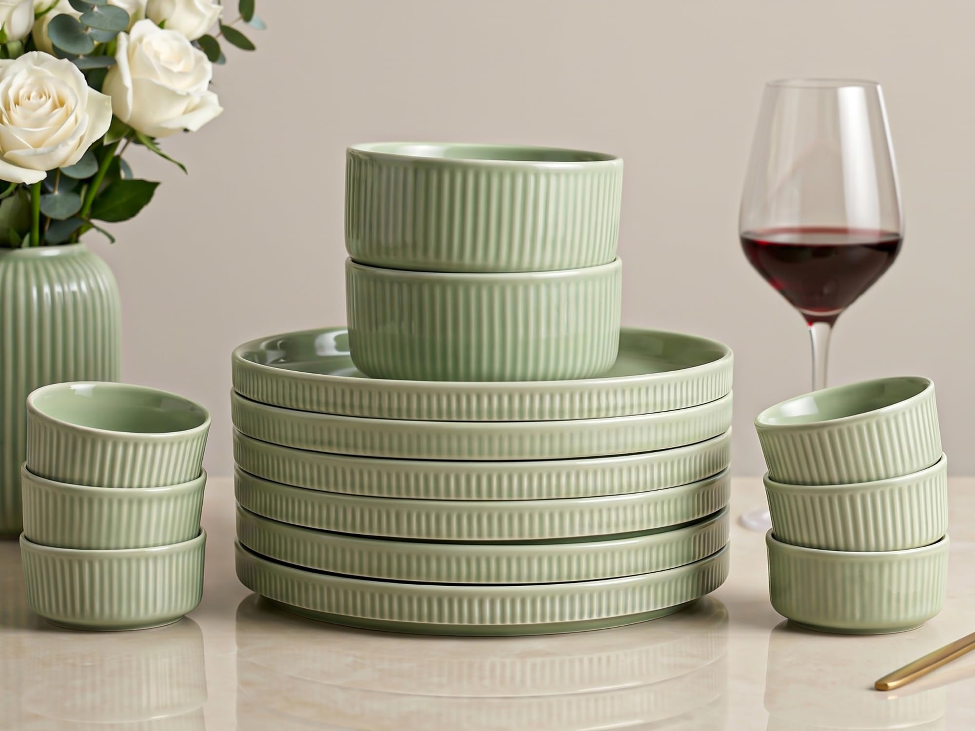 Bodhi House 14-Piece Ribbed Porcelain Dinner Set for 6, 6 Dinner Plates, 6 Katori & 2 Serving Bowls, Chip Resistant, Lightweight Microwave & Dishwasher Safe Crockery Set for Home & Gifting, Tea Green-image-36