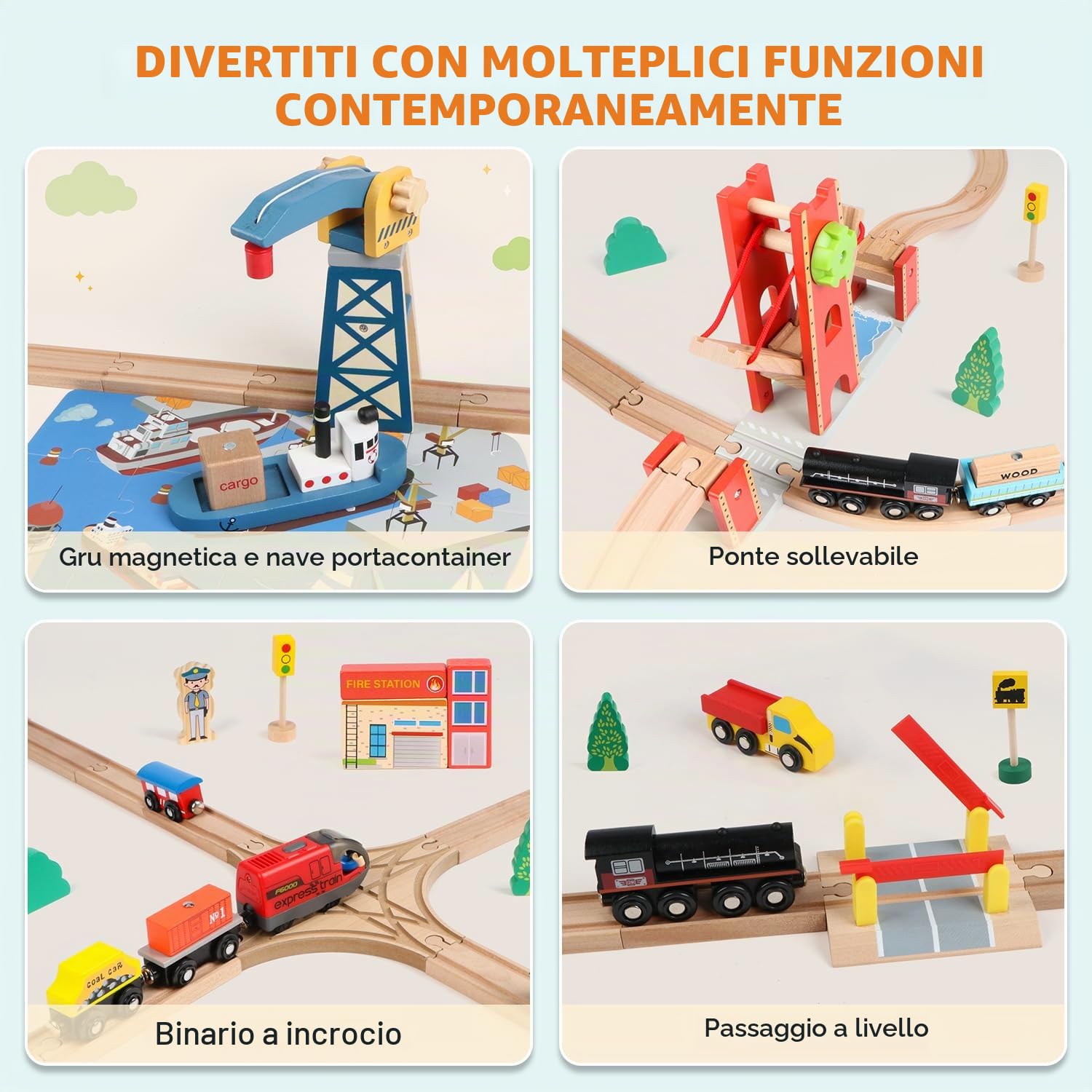 Set di 121 binari in legno, per ragazze e ragazzi