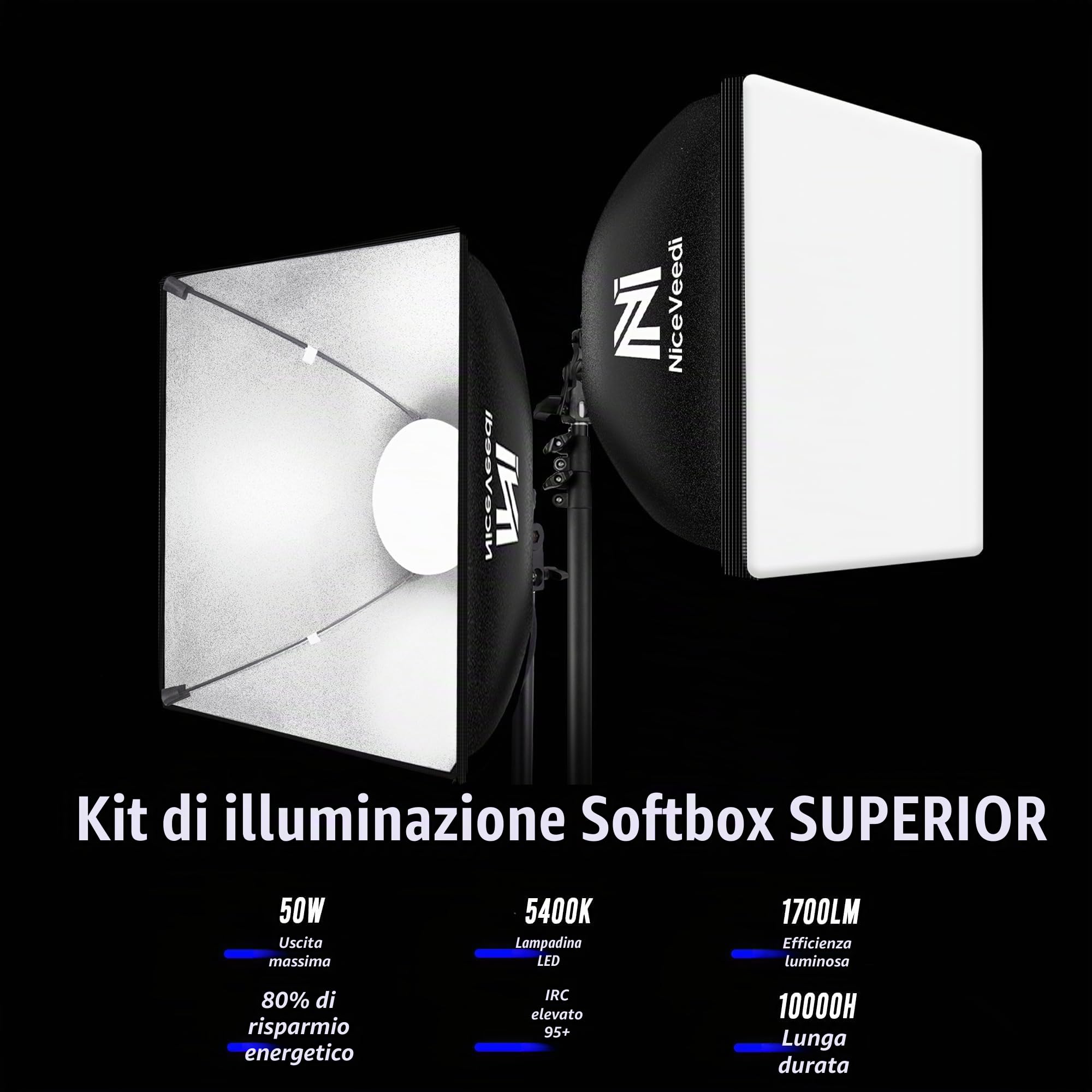 Softbox, Kit Softbox LED da 50 W, Luce Fotografica 40x40 cm con Lampadine 5500K e 150 cm Treppiede, Illuminazione Continua per Fotografia/Registrazione Video/Streaming Live (2 confezione)