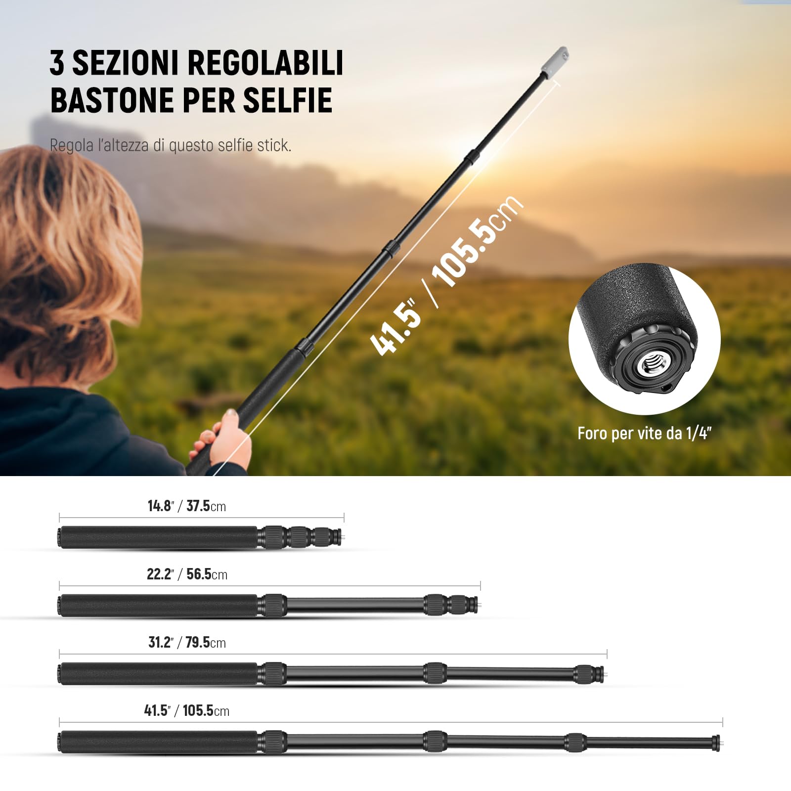 NEEWER Kit di Supporto Fotocamera da Moto, Asta Selfie Invisibile per Manubrio Bici, Teste Sfera 360°, Super Clamp e Panno Pulizia, Compatibile con GoPro Insta360 DJI AKASO Action Cam per Video, GP-30