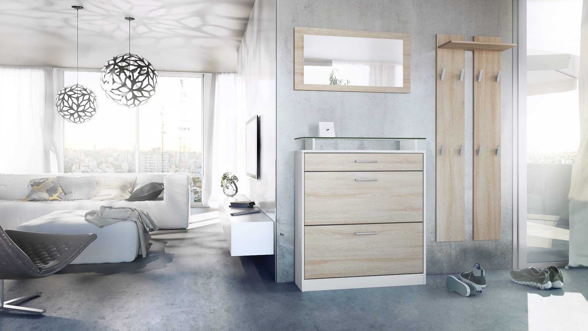 Vladon Garderobe Loret mini Garderobenset Schuhschrank Wandspiegel Garderobenpaneele Weiß matt Eiche Sägegrau