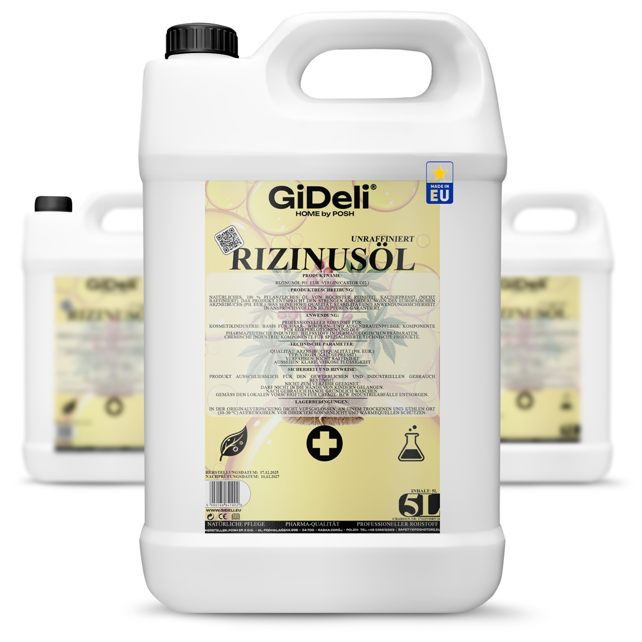 GiDeli Aceite de ricino prensado en frío, 3 x 5 l, puro aceite de ricino en Ph. Eur. Calidad para cabello, pestañas y piel – Aceite de cuidado sin refinar como base para cosméticos naturales DIY – Sin