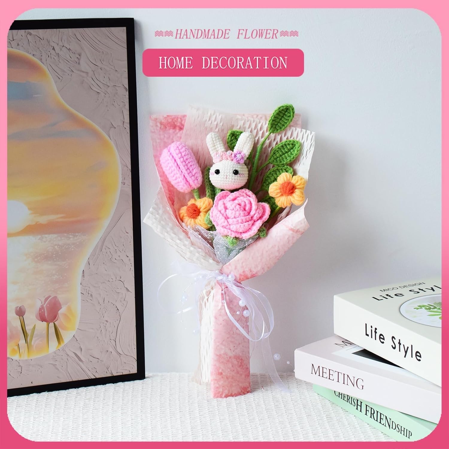 Crochet Flowers with Bunny, Cute Plush Rabbit Easter Gift,Knitted Rose Bouquet Pink, Cute Handmade Flowers Gift for Women Girl Daughter Dancer Birthday Graduation Home Decor (Pink)