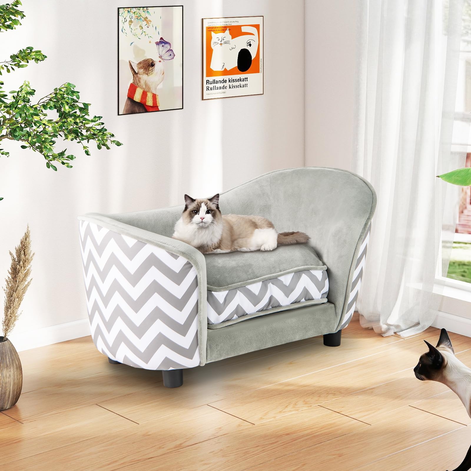 GOPLUS Panier Chien avec Dossier et Accoudoirs Incurvés, Cadre en Bois, Housse Amovible et Lavable, Gris, 50 KG