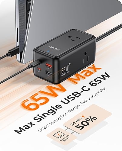 Miniatura 2 de LENCENT Cargador USB C de 65 W, estación de carga USB 7 en 1 GaN con 4 cargadores USB (2 USB C) para teléfono, tabletas, iPad, MacBook, cable de