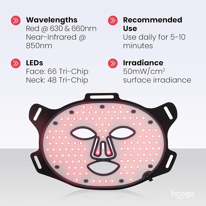 Hooga Red Light Therapy Mask – LED Face Mask, 630nm 660nm Red & 850nm Near Infrared Light Therapy, Tri Chip LEDs, Rechargeable, Adjustable Comfortable Face Mask image 3